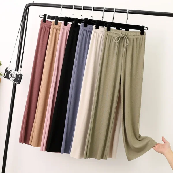 Women Long Pants Spring Summer Straight Long Elastic Waist Wide Leg women long trousers Casual Soft Knitted Pants