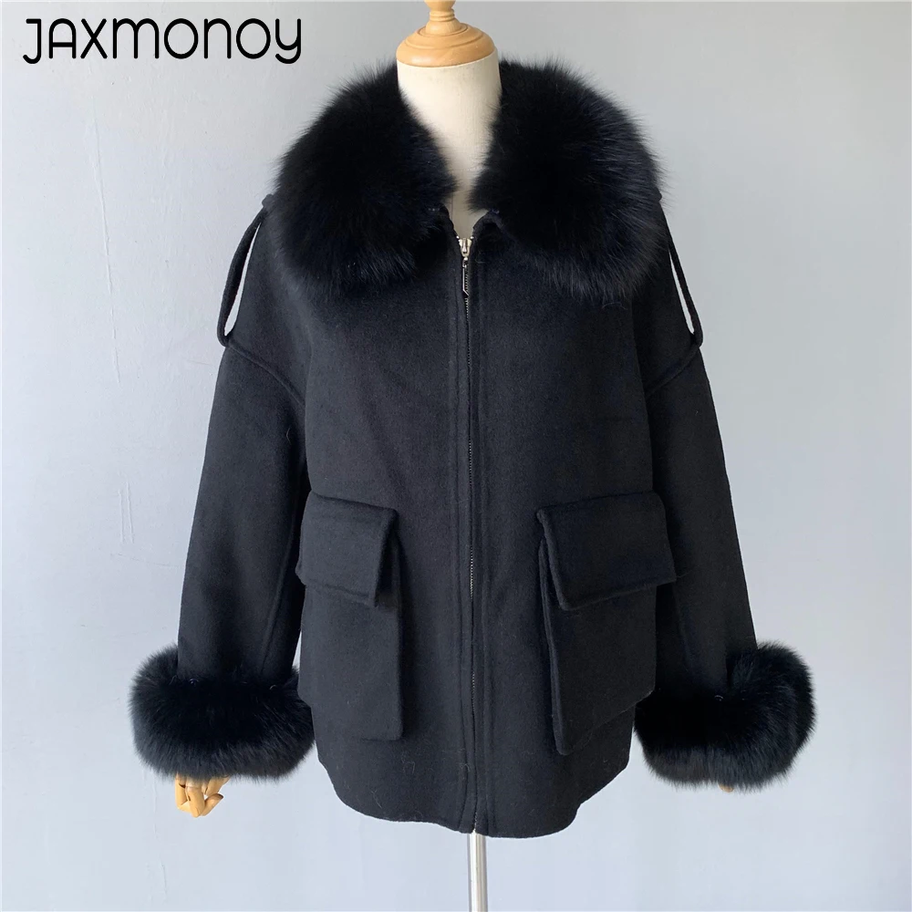 Jaxmonoy Women's Wool Coat with Real Fox Fur Collar Cuffs Ladies Cashmere Wool blend Jacket Spring Fall Double Face Wool Coats - Image 5