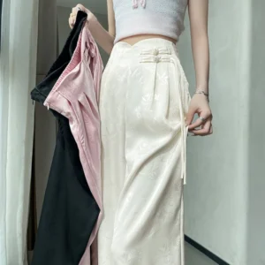 2025 Spring Summer New Chinese Style Satin Jacquard High Waist Women's Wide Leg Pants High Waist Button Trousers Female