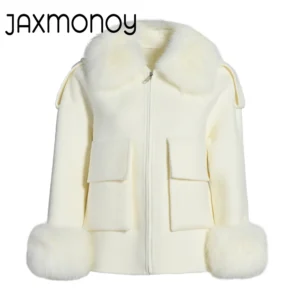 Jaxmonoy Women's Wool Coat with Real Fox Fur Collar Cuffs Ladies Cashmere Wool blend Jacket Spring Fall Double Face Wool Coats