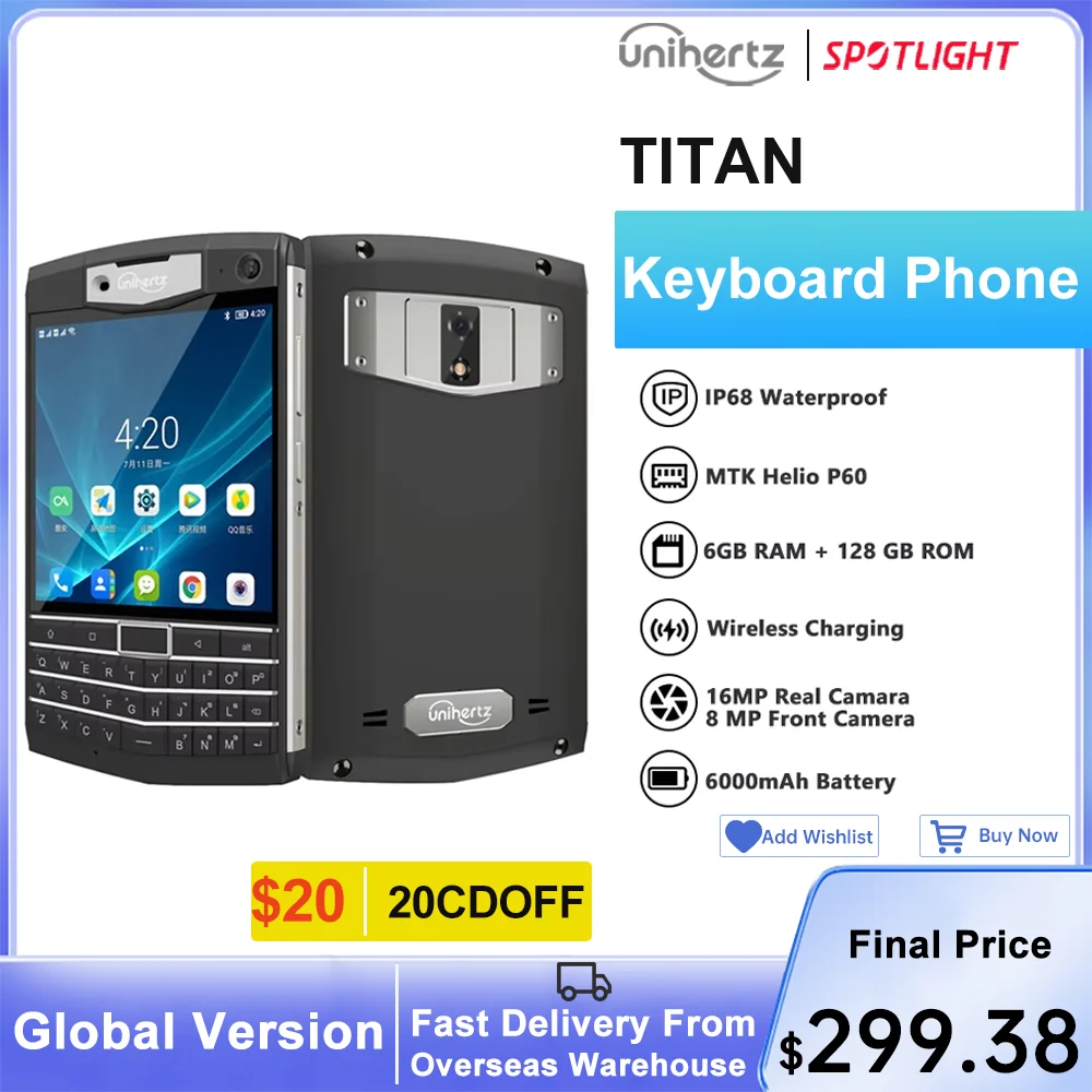 Unihertz Titan Rugged Smartphone 4G 6GB 128GB Android 10 QWERTY Keyboard Mobile Phone NFC 6000mAh 8MP 16MP Cellphone