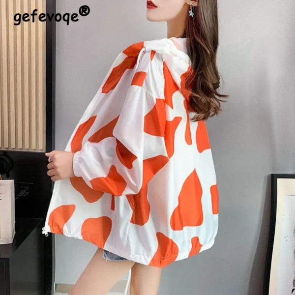 2024 Summer Women Sun Protection Clothing Trendy Print Zipper Hooded Sunscreen Jacket Female Casual Long Sleeve Loose Thin Coats
