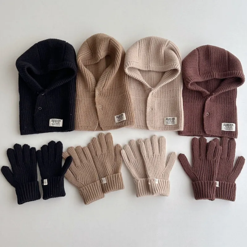 2PCS Korean Baby Hood Beanies with Mittens One Piece Scarf Cap Winter Warm Knitted Ear Protection Balaclava Headgear Gloves Sets - Image 2
