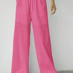 Solid Drawstring Wide Leg Pants, Casual Elastic Waist Slant Pocket Pants For Spring & Summer, Women's Clothing