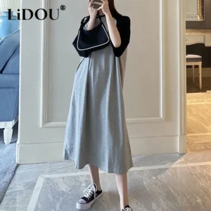 Summer New Letter Contrast Color Fashion Tshirt Dress Women Round Neck Short Sleeve Loose Casual Midi Dress Ladies Oversize Robe