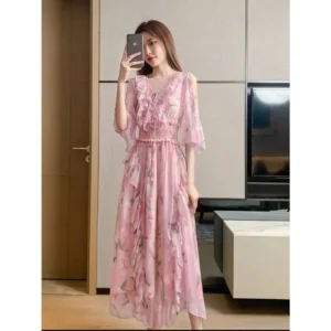 2021 New Fashion Chiffon French Palace V-neck Sweet Print Dress with Ruffled Large Swing Long Dress Spring and Summer dress E153