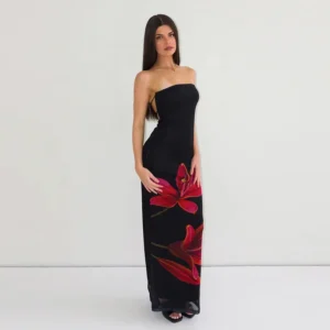 Gtpdpllt Floral Mesh Tube Strapless Dress Summer Women Clothes Sexy Beach Vacation Outfits Lace Up Backless Long Dresses Black