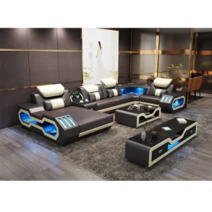 LED Lighted Sofa Set with Recliner, Speaker & USB Ports | Genuine Leather Sectional Couch with Console & Adjustable Headrests