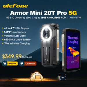 【2024 New】Ulefone Armor Mini 20T Pro 4.7" Rugged Phone 5G 6200mAh 33W Charge Smartphone Android 14 16GB(8+8) 256GB LED Light
