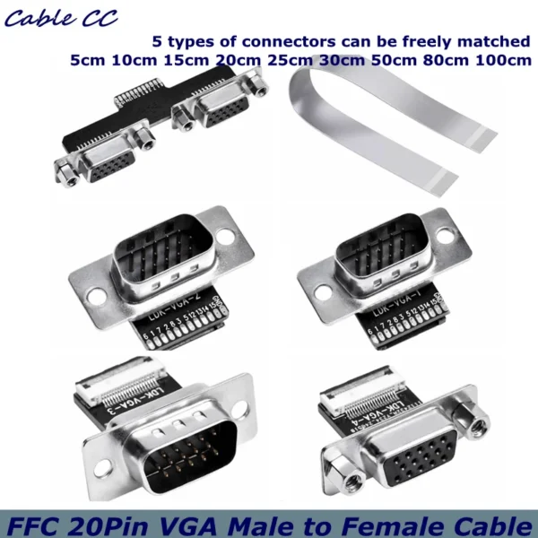 DIY VGA Ultra-thin Flexible Ribbon Cable VGA Male to Ffemale Plug 90 Degree Right Angle Elbow Computer Connection Monitor