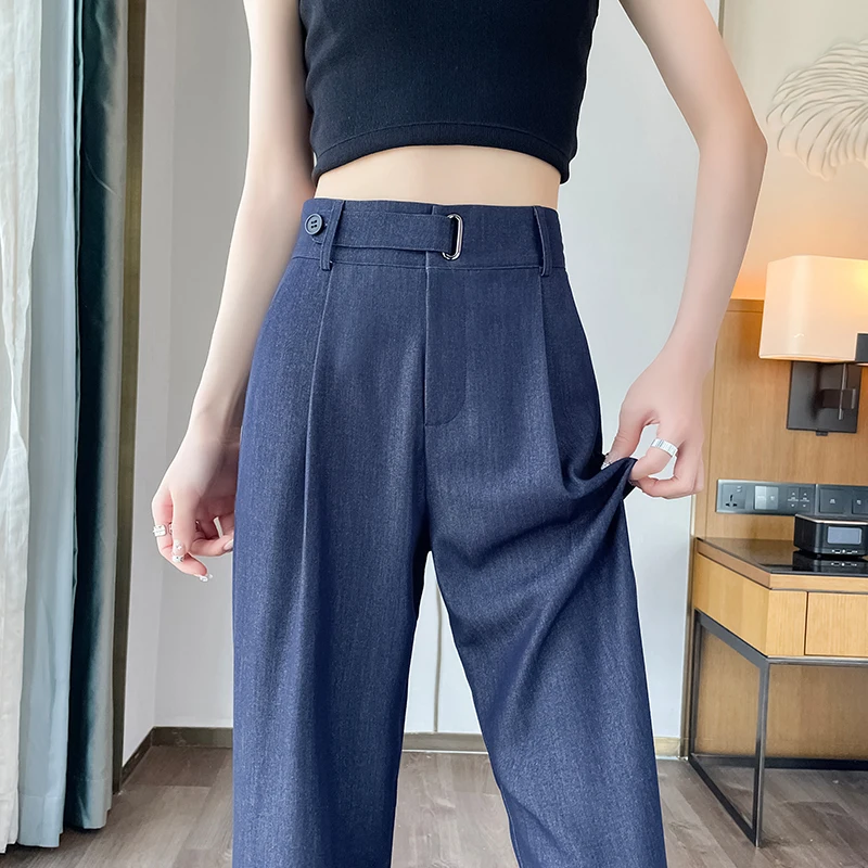 Seoulish Summer Jeans Women's Denim Pants 2024 New Straight Leg High Waist Draping Ice Silk Floor Length Wide Leg Pants Female