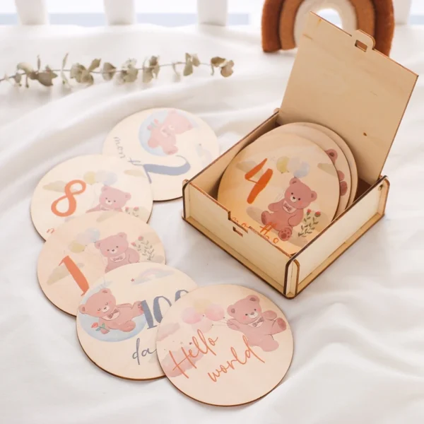 Wooden Baby Month Milestone Photo Cards Bear Shape Record Card Newborn Birthday Gift Souvenir Baby Photo Photography Accessories