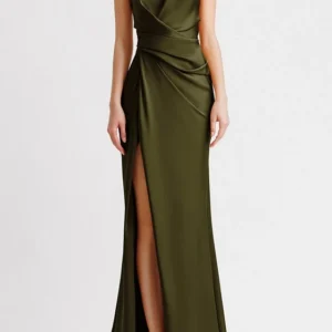 Women's Urban Style Dress 2025 Autumn winter Latest Solid Color Slant Neck Single Sleeve Waist Tight Fit Maxi Dress Long Skirt