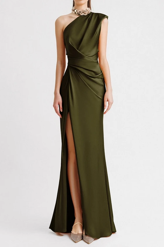 Women's Urban Style Dress 2025 Autumn winter Latest Solid Color Slant Neck Single Sleeve Waist Tight Fit Maxi Dress Long Skirt