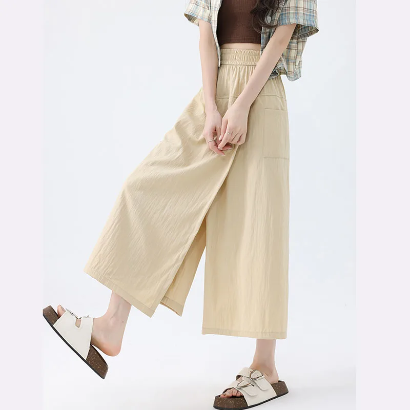 Harajuku Wide Leg Pants For Women Casual Elastic High Waist Pocket Skirt Pants Female 2025 Summer New Solid Calf-length Trousers