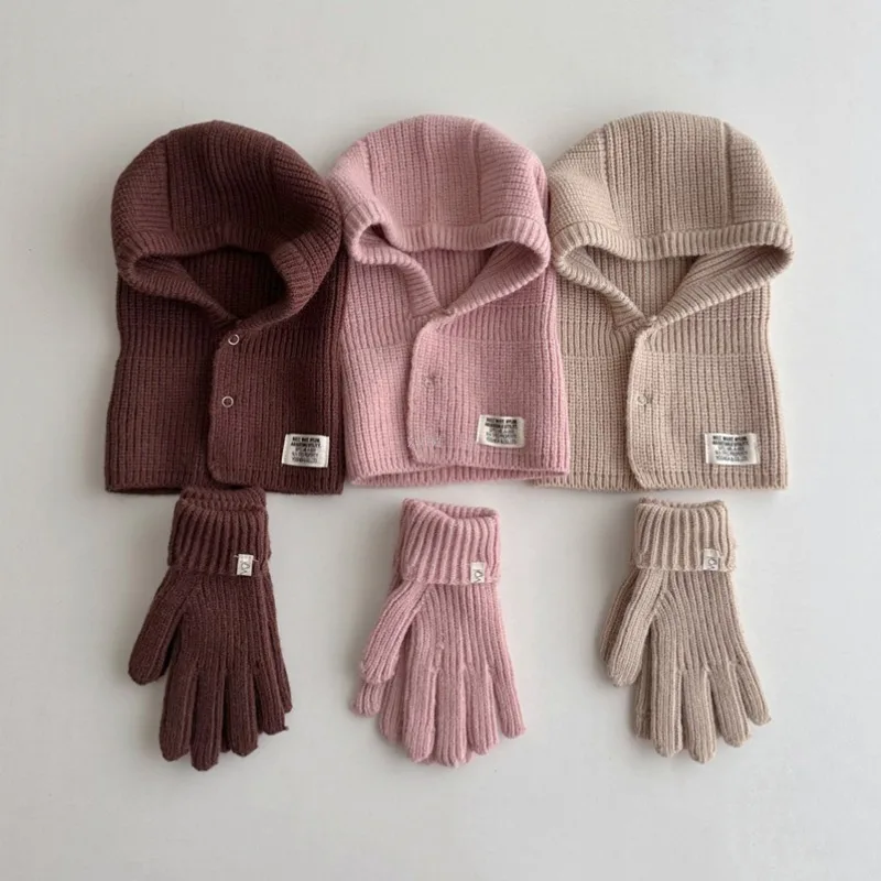 2PCS Korean Baby Hood Beanies with Mittens One Piece Scarf Cap Winter Warm Knitted Ear Protection Balaclava Headgear Gloves Sets - Image 4