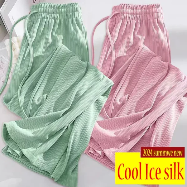 Summer Cool Ice Silk Straight Pants Women Fashion High Waist Wide Leg Trousers Female Solid Sagging Feeling Baggy Casual Pants