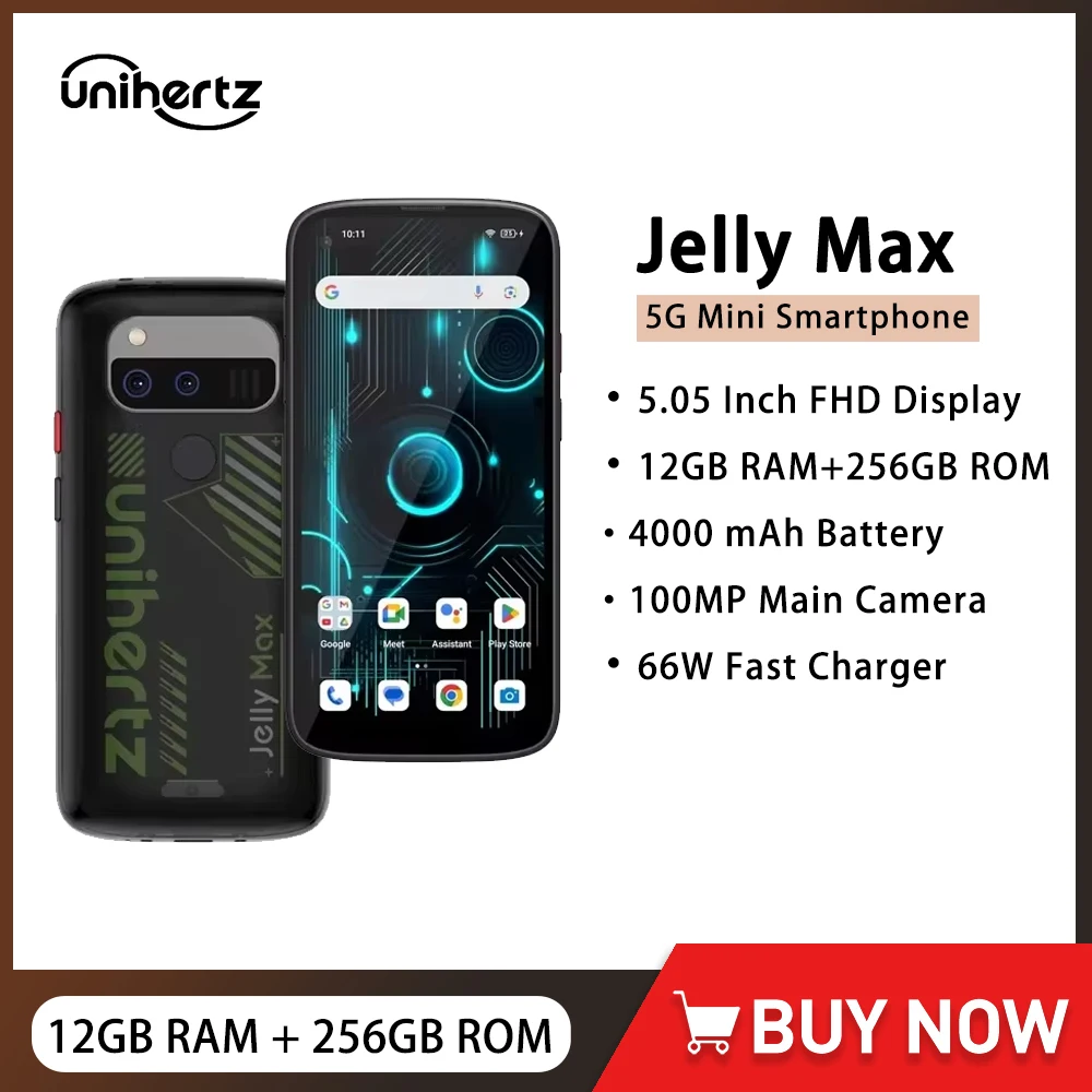 Unihertz Jelly Max 5G Mini Smartphone Android14 12GB+256GB Mobile Phones IR Blaster 100MP 4000mAh 66W 5.05" Small Cell Phone NFC