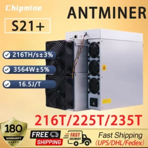 New Bitcoin Miner S21+ Antminer BTC BCH 216T/225T/235Th/s Hashrate 3564W Power Algorithm SHA-256 Bitmain Asic Miner