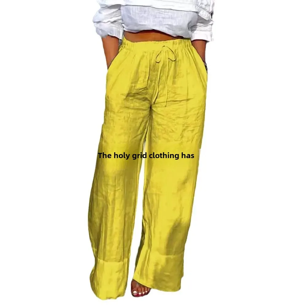 Casual Cotton Linen Women's Pants Spring Summer New Style Loose Fit Elastic Waist Floral Patterned Straight Leg Long Trousers