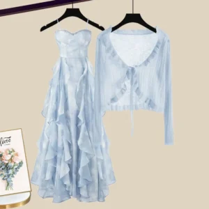 Fashion Women Summer Dress Suits Sunscreen Shirt + A-Line Sling Skirt Two Pieces Set Female