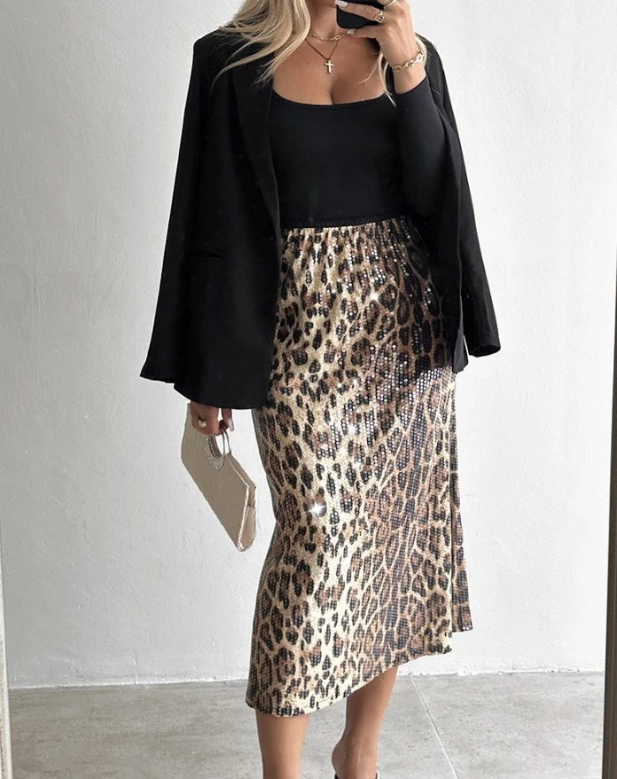 Women's Urban Commuting Style Dress 2024 Autumn Winter Latest Fashion Leopard Pattern Allover Sequin Skirt High Waisted Skirt - Image 2