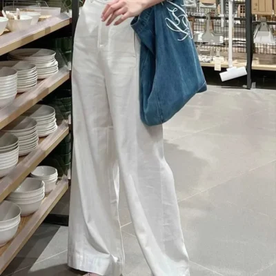 Early Spring New Style White Cotton Linen Wide Leg Pants High Waist Drooping Slimming Straight Casual Pants Women's Clothing