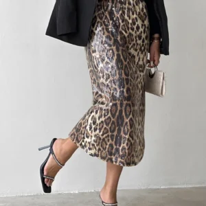 Women's Urban Commuting Style Dress 2024 Autumn Winter Latest Fashion Leopard Pattern Allover Sequin Skirt High Waisted Skirt