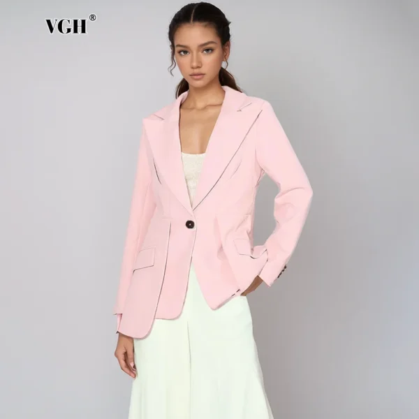 VGH Chic Spliced Pocket Hollow Out Solid Tunic Blazer For Women Notched Collar Long Sleeve Tide Slimming Blazer Female Fashion