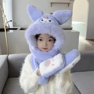 Child Kuromi Hat Scarf All In One New Autumn Winter Anime Kawaii Cartoon Gloves Scarf Three Piece Set Winter Style Girl Gift