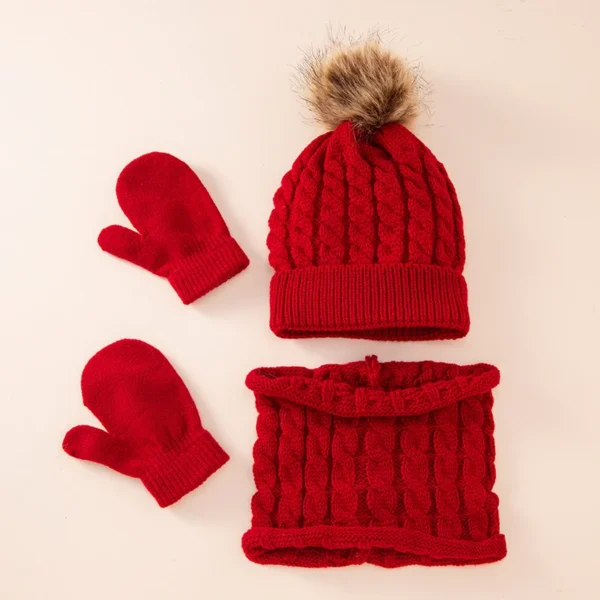 New Wool Monochrome Cute Fried Dough Twists Cold Insulation Windproof Children's Hat Scarf Gloves Knitting Three Piece Suit