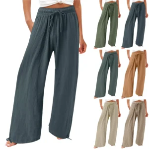 Women's Pant Cotton Linen Pants Drawstring Waist Wide Leg Loose Trousers with Pockets