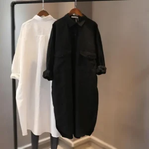 Long Sleeves Cotton Linen Mid Length Shirt Dress Spring Autumn Casual Loose Blouse Tops Temperament Fashion Clothes for Women