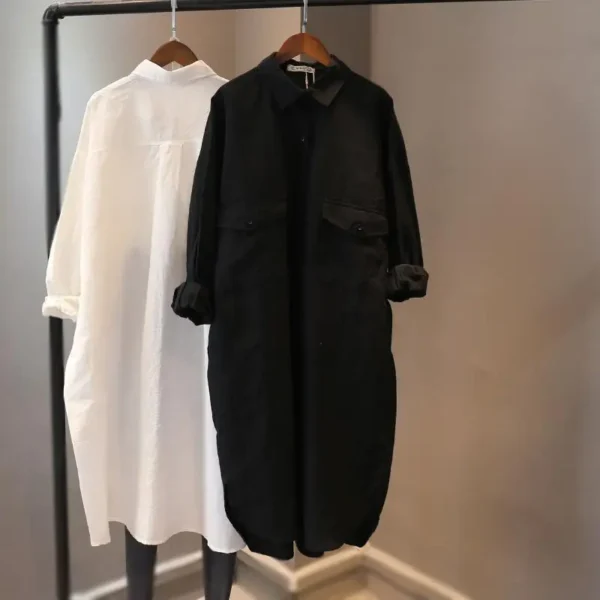 Long Sleeves Cotton Linen Mid Length Shirt Dress Spring Autumn Casual Loose Blouse Tops Temperament Fashion Clothes for Women