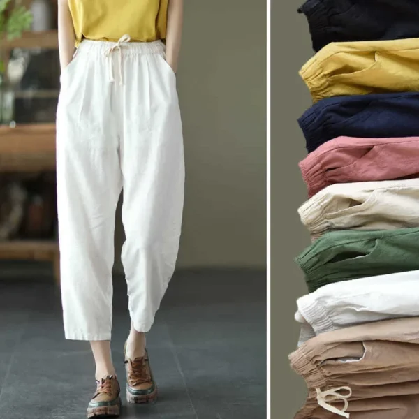 Summer Artistic Solid Color Cotton Linen Pants Women's Elastic Waist Slimming Casual Cropped Pants Versatile Small Foot Drawstri