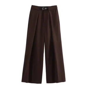 Willshela Women Fashion With Belt Brown Front Zipper Straight Pants Vintage High Waist Full Length Female Chic Lady Trousers
