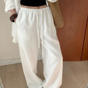 Slack Linen Wide-leg Pants Summer Loose Versatile Drawstring Straight White Casual Trousers Korean Fashion