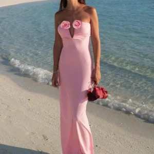 Mozision Rose Strapless Sexy Maxi Dress Women Pink Gown Off-shoulder V Neck Backless Sleeveless Bodycon Beach Club Long Dress