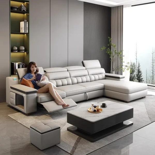MINGDIBAO Modern Electric Recliner Sofa Bed with Genuine Leather, Multifunctional Storage and USB, Adjustable Backrests, Stools