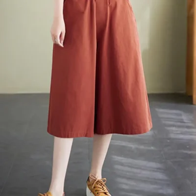 Women Solid Pockets Pantalon ZANZEA Korean Wide Leg Pant 2024 Summer Elastic Waist Capris Vintage High Waist Baggy Short Trouser