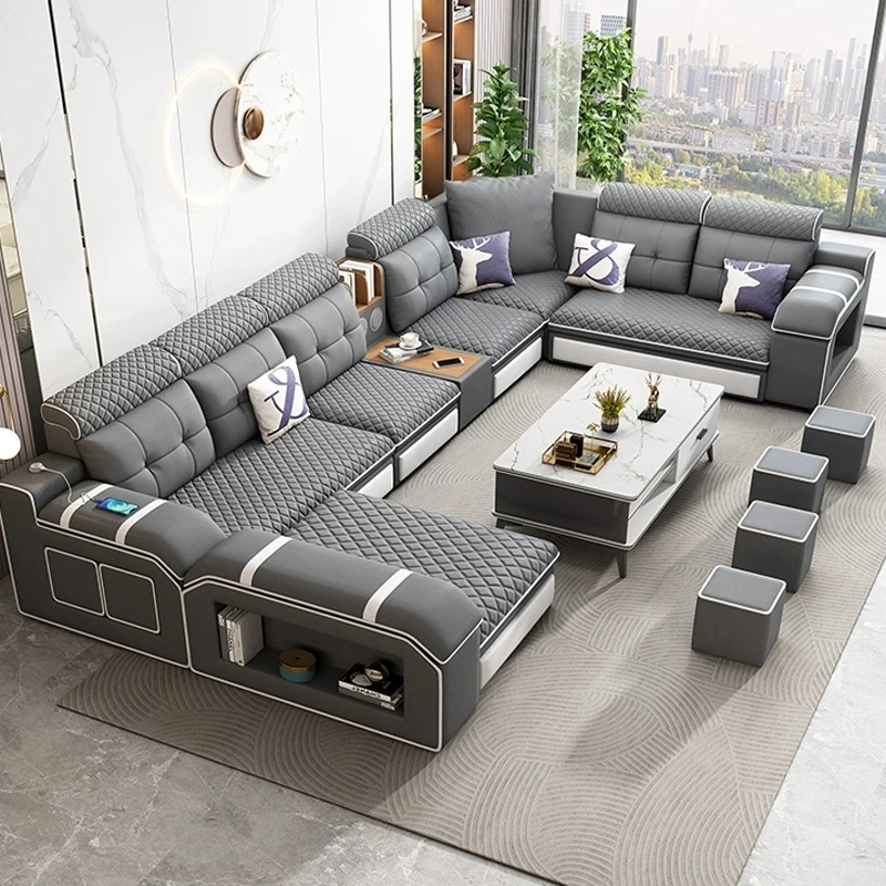 MANBAS Modern U-Shaped Fabric Sectional Sofa with Storage, Adjustable Headrests & USB Charging - Comfortable Quilted Upholstery