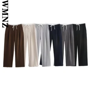 XNWMNZ 2025 Spring New Female Fashion High Waist Wide Leg Pants Sophisticated Summer Woman's Long Pants Ruffles Pockets Bottoms