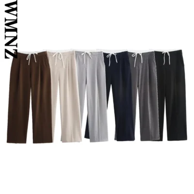 XNWMNZ 2025 Spring New Female Fashion High Waist Wide Leg Pants Sophisticated Summer Woman's Long Pants Ruffles Pockets Bottoms
