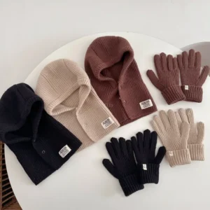 2PCS Korean Baby Hood Beanies with Mittens One Piece Scarf Cap Winter Warm Knitted Ear Protection Balaclava Headgear Gloves Sets