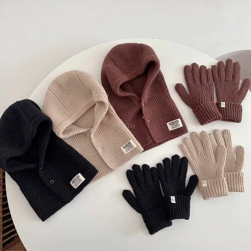 2PCS Korean Baby Hood Beanies with Mittens One Piece Scarf Cap Winter Warm Knitted Ear Protection Balaclava Headgear Gloves Sets