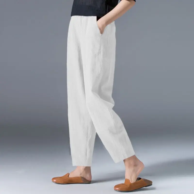 Cotton Wide Leg Pants Female Loose Oversized Solid Color Harem Summer Casual Elastic Waist Ankle-length Pants Women Clothing - Image 4