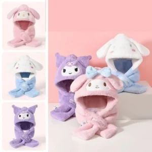 Kuromi Sanrios Child Hat Scarf All In One Winter Keep Warm Cinnamoroll Boy Girl Plus Velvet Ear Protection Hat Gloves New