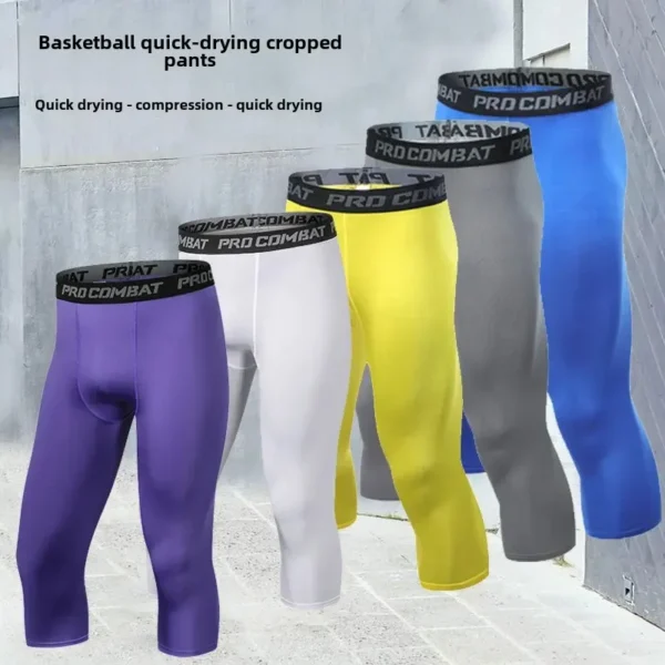 Men's Sports Leggings High Elasticity Quick Dry 7/9 Length Basketball Fitness Running Training Compression Base Pants Summer