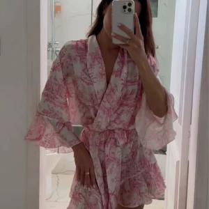 Clacive Casual Loose Print Women's Dress 2024 Fashion V-Neck Long Sleeve Mini Dresses Elegant Lace-Up Pleated Female Dress