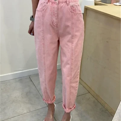 REALEFT Front Pockets Casual Women's Denim Pants 2024 New Vintage Solid Color High Waist Straight Ladies Jeans Pants Female